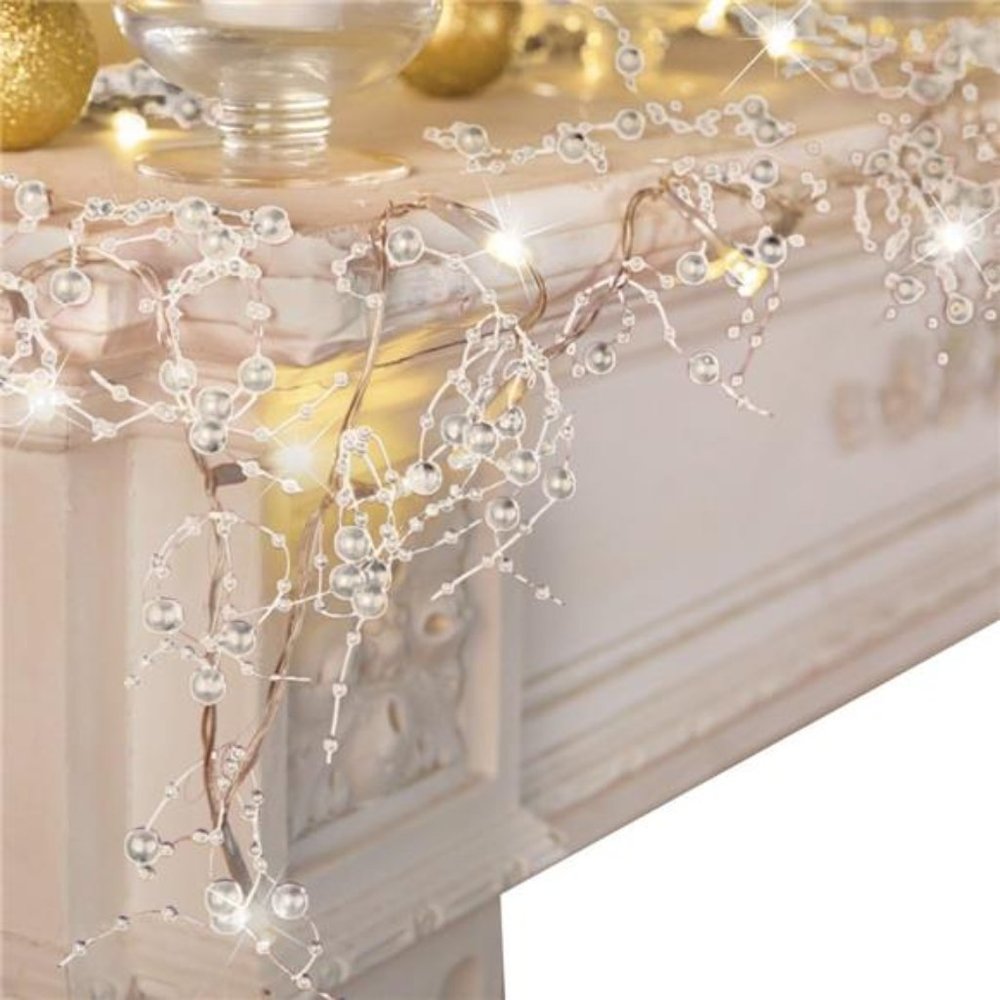 10 Ft, Christmas Decorations, Festive Lighted Berry Beaded Garland Silver